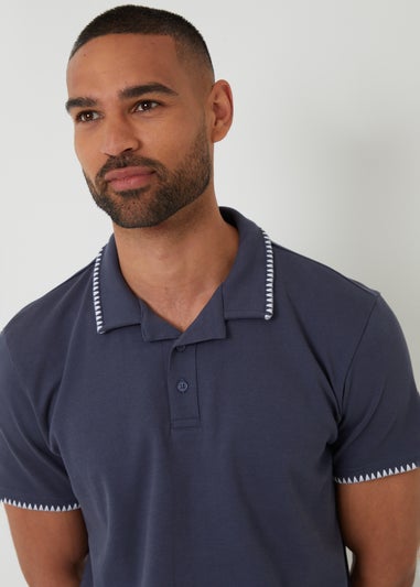 Threadbare Blue Cotton Contrast Revere Collar Polo Shirt