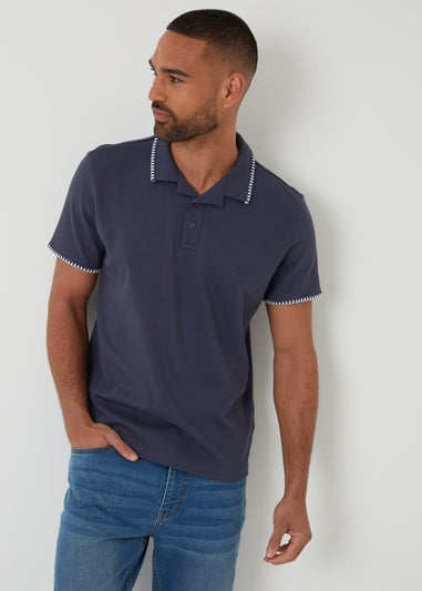 Threadbare Blue Cotton Contrast Revere Collar Polo Shirt