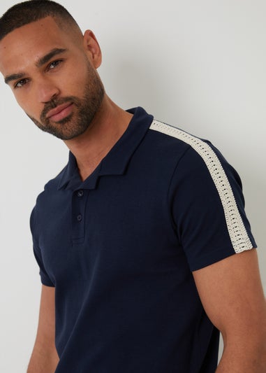 Threadbare Navy Crochet Detail Revere Collar Polo Shirt