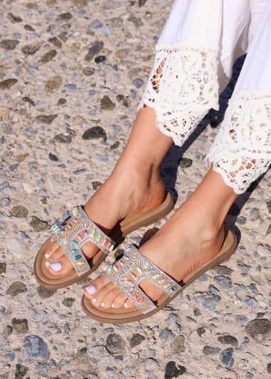 Linzi Nerissa Multi Beaded Diamante Flat Slider Sandal