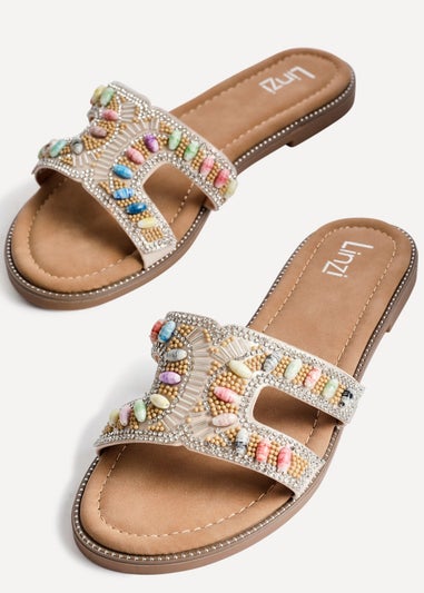 Linzi Nerissa Multi Beaded Diamante Flat Slider Sandal