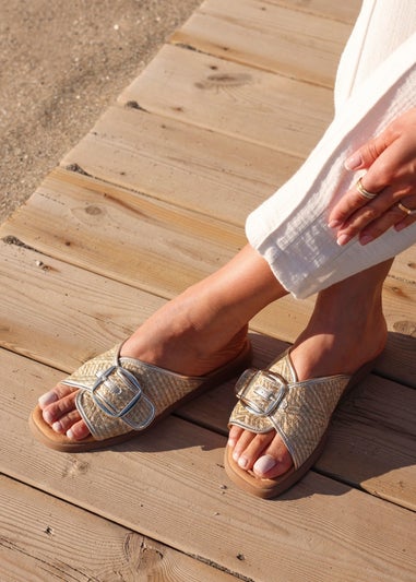 Linzi Zuma Gold Woven Flat Slider Sandal