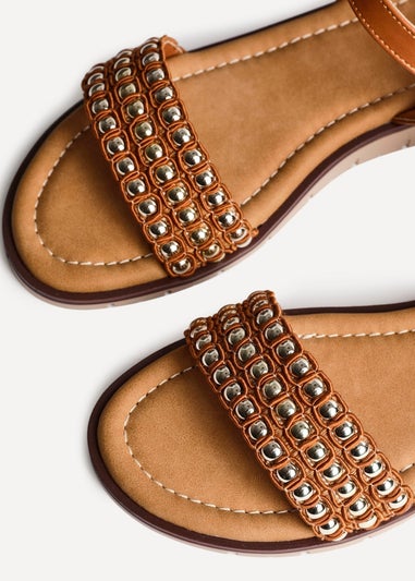 Linzi Electra Tan Faux Leather Studded Flat Sandals
