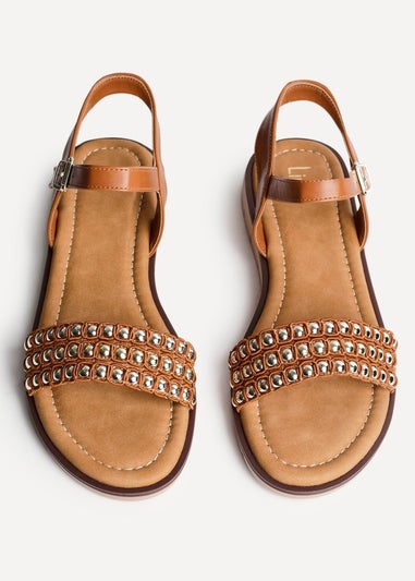 Linzi Electra Tan Faux Leather Studded Flat Sandals