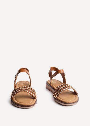Linzi Electra Tan Faux Leather Studded Flat Sandals