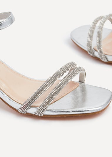 Linzi Bunty Silver Faux Leather Diamante Block Heeled Sandal