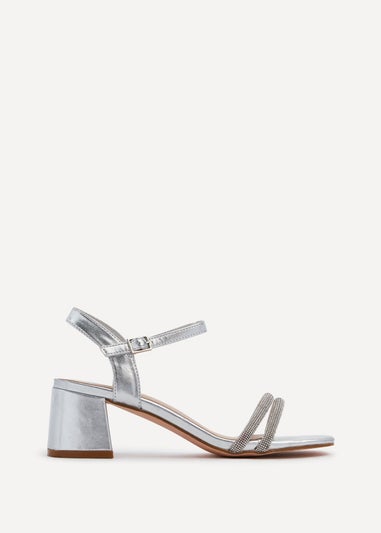 Linzi Bunty Silver Faux Leather Diamante Block Heeled Sandal