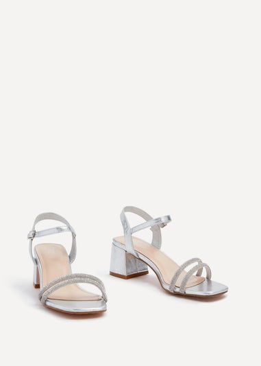 Linzi Bunty Silver Faux Leather Diamante Block Heeled Sandal