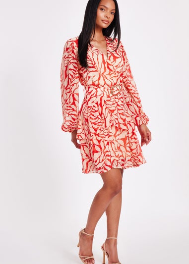 Quiz Red Chiffon Floral Skater Dress