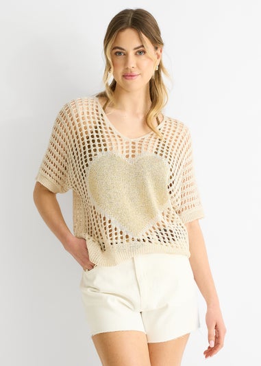 Gini London Beige Fish Net Heart Pattern Crochet Top