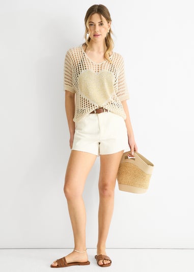 Gini London Beige Fish Net Heart Pattern Crochet Top