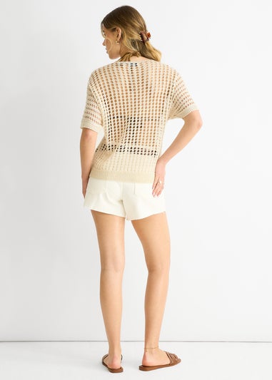 Gini London Beige Fish Net Heart Pattern Crochet Top