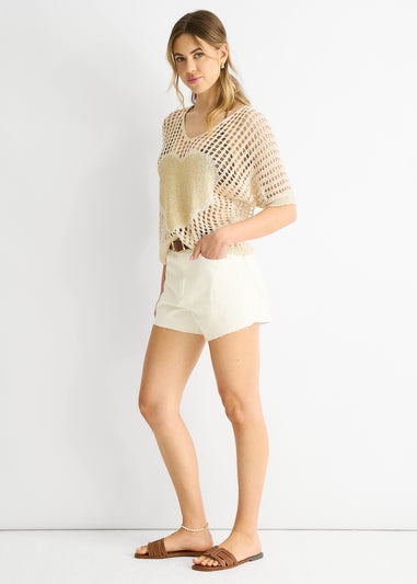 Gini London Beige Fish Net Heart Pattern Crochet Top