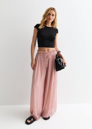 Gini London Pink Elasticated Waist Plisse Wide Led Trouser