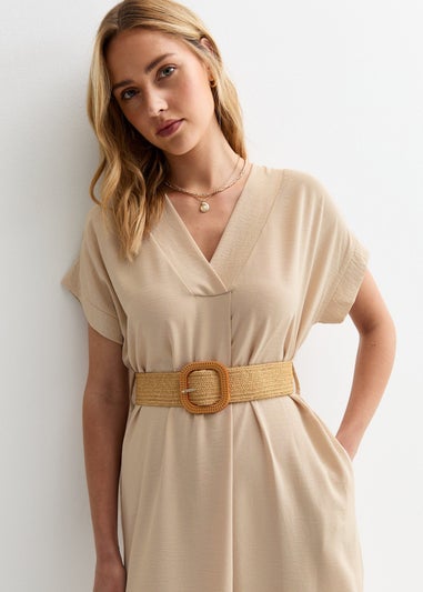 Gini London Beige V Neck Raffia Belt Tunic Dress