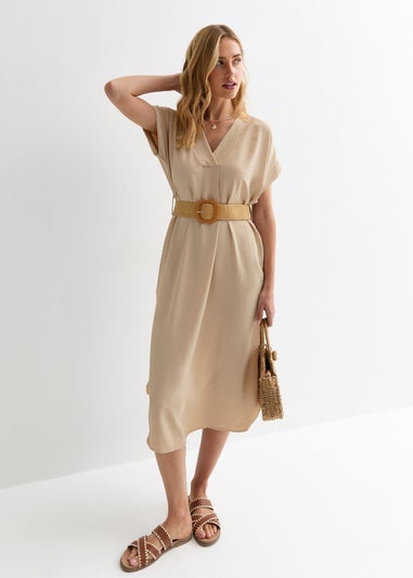 Gini London Beige V Neck Raffia Belt Tunic Dress