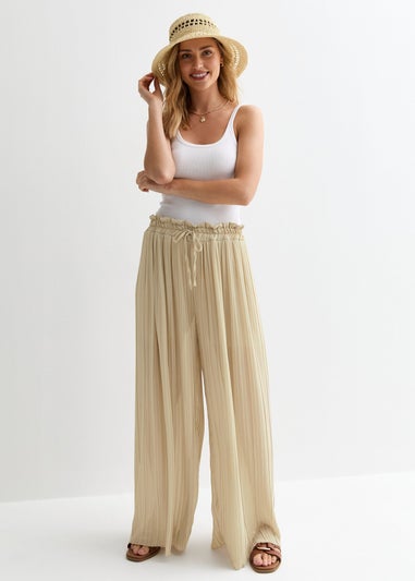 Gini London Beige Elasticated Waist Plisse Wide Led Trouser
