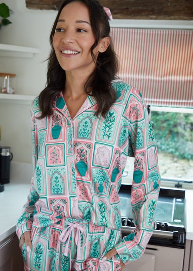 Threadbare Soft Green Printed Long Button Through Pyjama Set