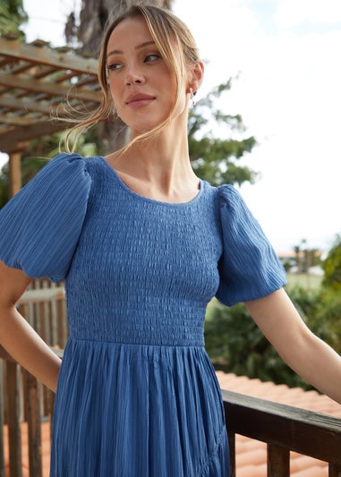 Threadbare Blue Puff Sleeve Shirred Asymmetric Dress
