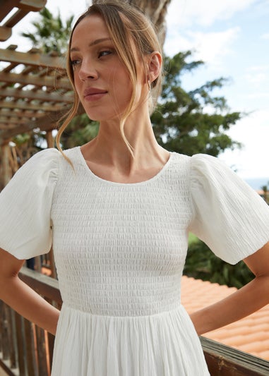 Threadbare White Puff Sleeve Shirred Asymmetric Dress