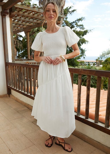 Threadbare White Puff Sleeve Shirred Asymmetric Dress