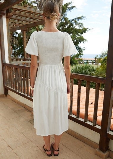 Threadbare White Puff Sleeve Shirred Asymmetric Dress