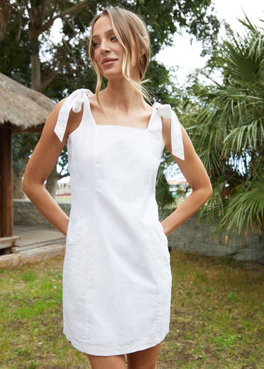 Threadbare White Tie Strap Linen Blend Mini Shift Dress