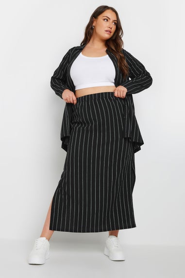 Yours Curve Black Textured Pinstripe Maxi Skirt