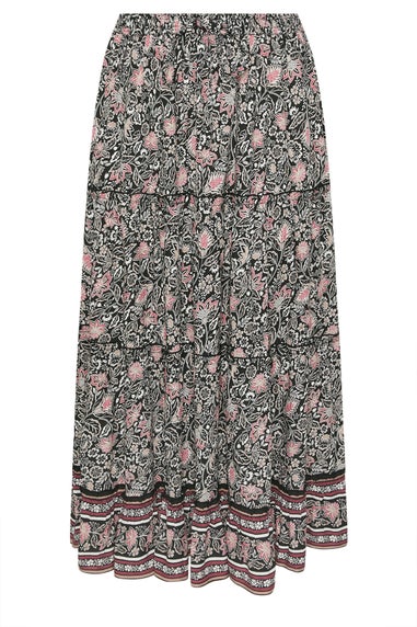 Yours Curve Black & White Floral Print Tiered Maxi Skirt