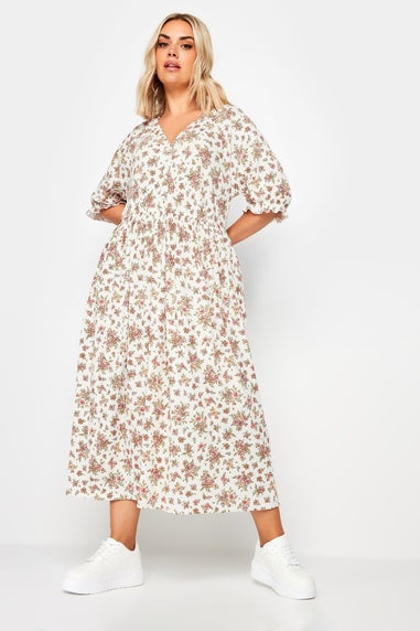 Yours Curve White & Pink Vintage Floral Textured Midaxi Dress