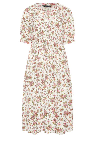 Yours Curve White & Pink Vintage Floral Textured Midaxi Dress