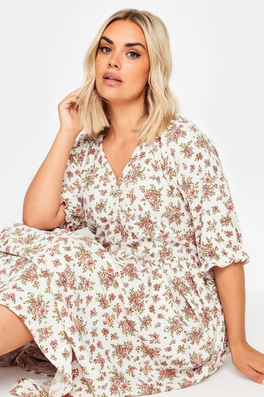Yours Curve White & Pink Vintage Floral Textured Midaxi Dress