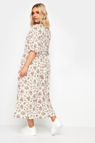 Yours Curve White & Pink Vintage Floral Textured Midaxi Dress