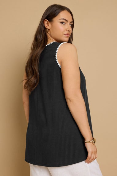 Yours Curve Black Contrast Blanket Stitch Ribbed Vest Top
