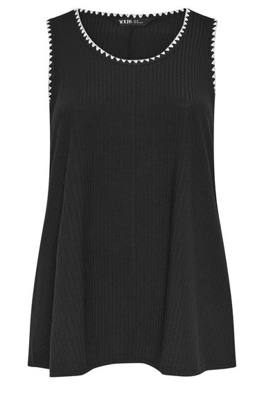 Yours Curve Black Contrast Blanket Stitch Ribbed Vest Top