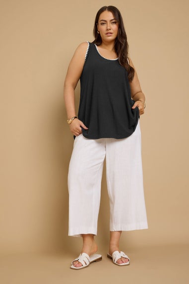 Yours Curve Black Contrast Blanket Stitch Ribbed Vest Top