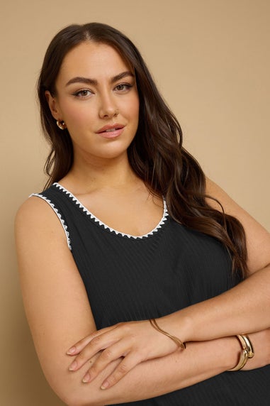Yours Curve Black Contrast Blanket Stitch Ribbed Vest Top