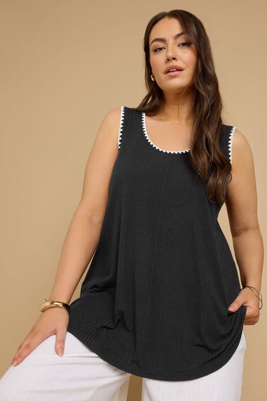 Yours Curve Black Contrast Blanket Stitch Ribbed Vest Top