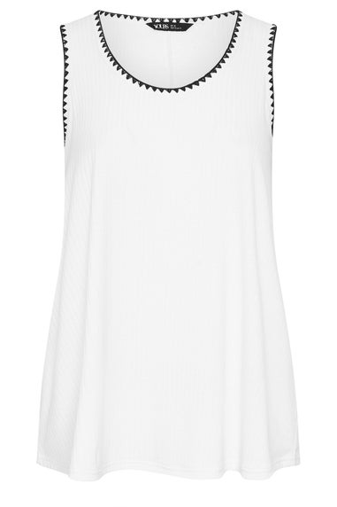 Yours Curve White Contrast Blanket Stitch Ribbed Vest Top