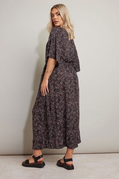 Yours Curve Black Paisley Print Tie Front Maxi Dress
