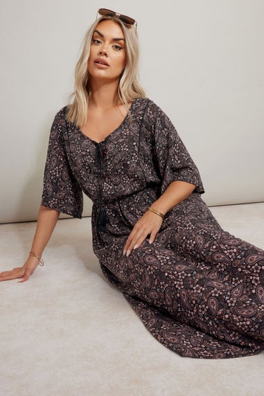 Yours Curve Black Paisley Print Tie Front Maxi Dress