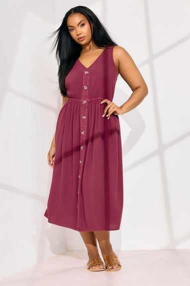 Yours Curve Red Sleeveless Button Through Chambray Dress