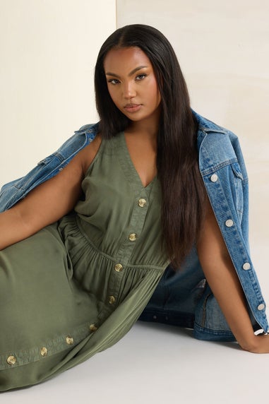 Yours Curve Khaki Green Sleeveless Button Through Chambray Dress