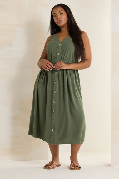 Yours Curve Khaki Green Sleeveless Button Through Chambray Dress