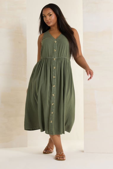 Yours Curve Khaki Green Sleeveless Button Through Chambray Dress