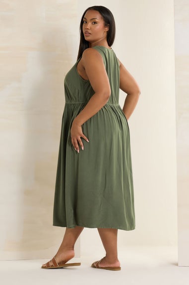 Yours Curve Khaki Green Sleeveless Button Through Chambray Dress