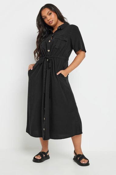 Yours Curve Black Tie Waist Chambray Shirt Dress