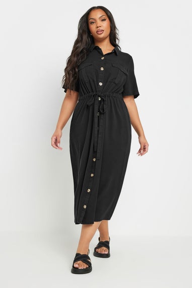 Yours Curve Black Tie Waist Chambray Shirt Dress