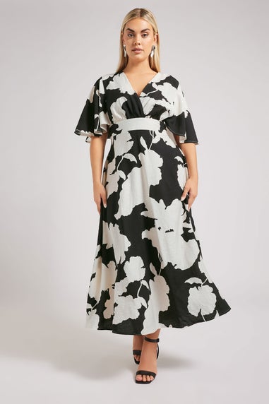 Yours London Curve Black Floral Print Linen Look Wrap Midaxi Dress