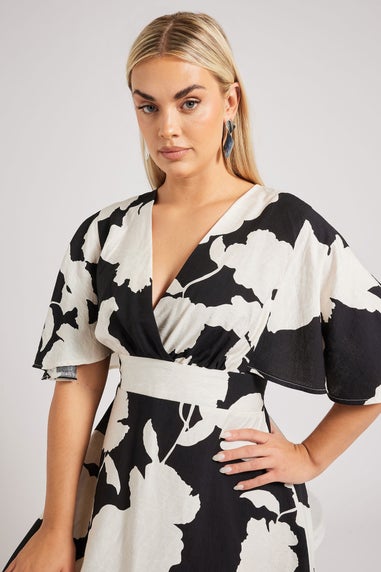 Yours London Curve Black Floral Print Linen Look Wrap Midaxi Dress